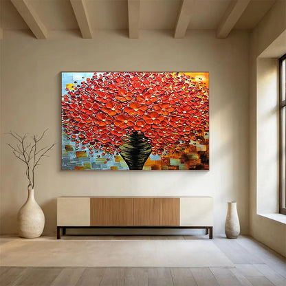 Red Flower Tree in Vase - Impasto Floral Painting On Canvas DLZ226