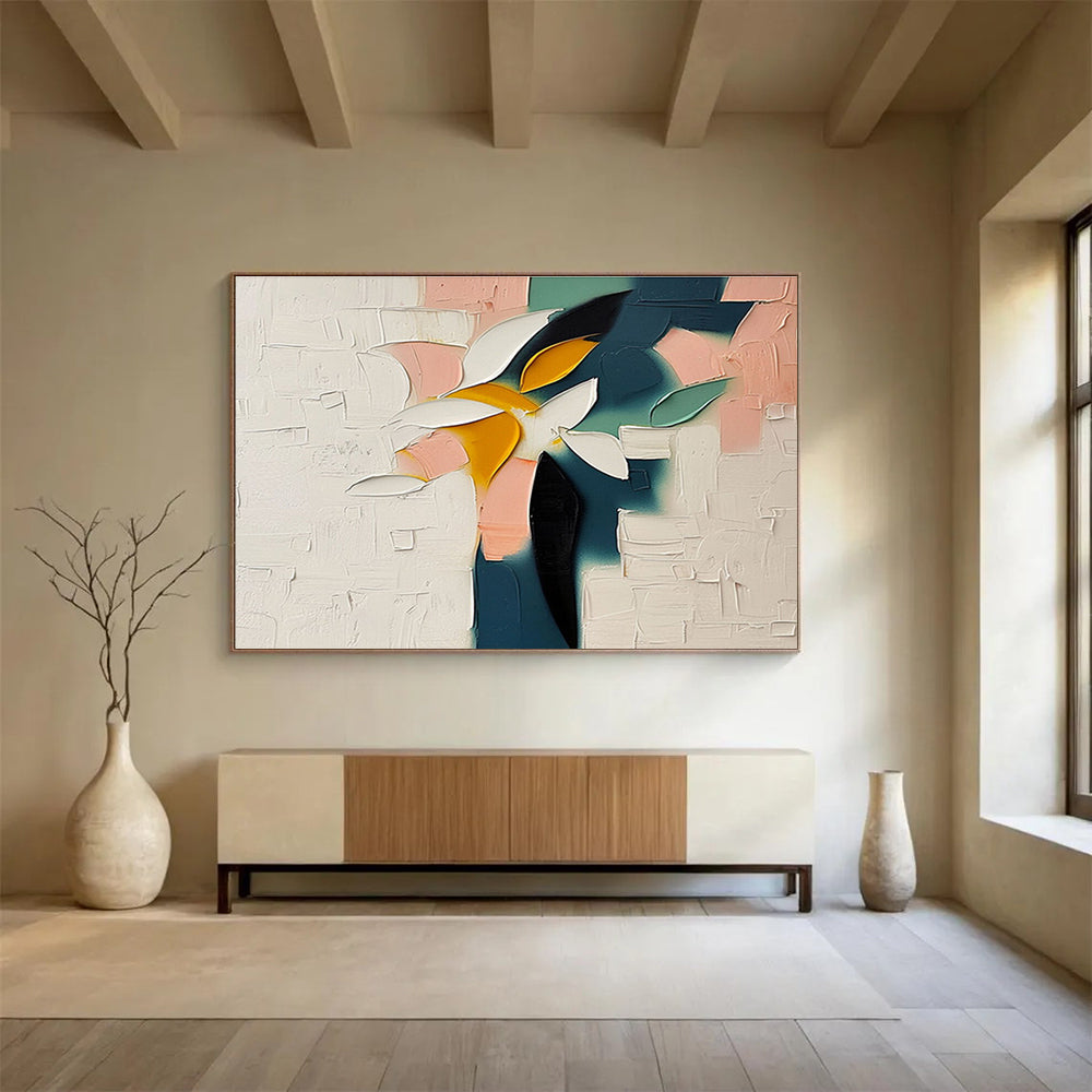 “Color - Blocked Flower in Pastels” - Pink, Teal, Yellow, White Impasto Floral Painting On Canvas DKH747