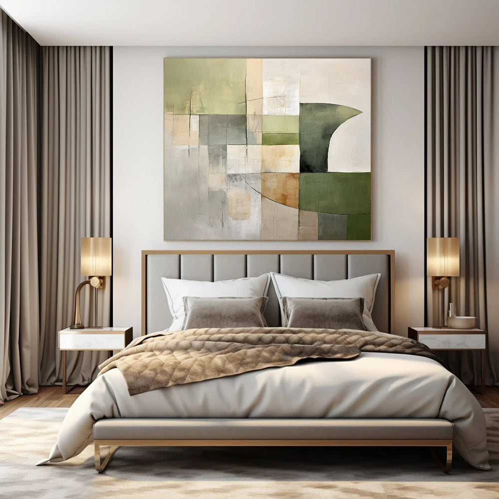 Earthy Greens, Browns & Greys, Geometric Collage - "Nature’s Grid" - Abstract Mixed - media Painting CT1440