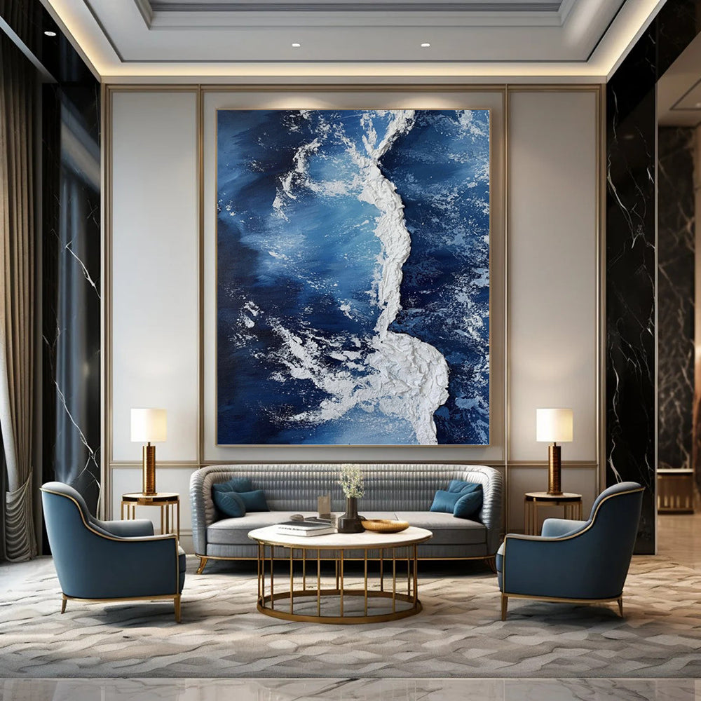 “Blue and White Textured Abstract - Ocean's Embrace” Painting On Canvas DKH1126