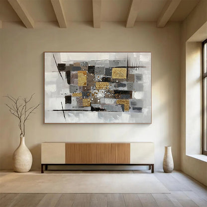 “Neutral Tones & Gold Geometric Collage” Abstract Mixed - Media Painting On Canvas DKH353