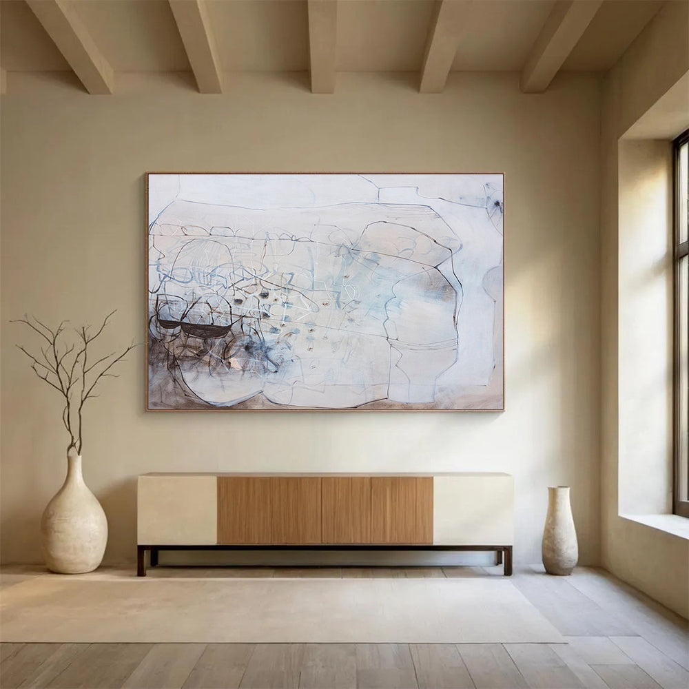 Monochrome Linear Abstract “Subtle Linear Story” Painting On Canvas DKH080