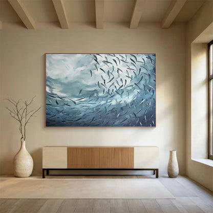 “School of Fish in Blue Depths” - Expressive Marine Painting On Canvas DKH792