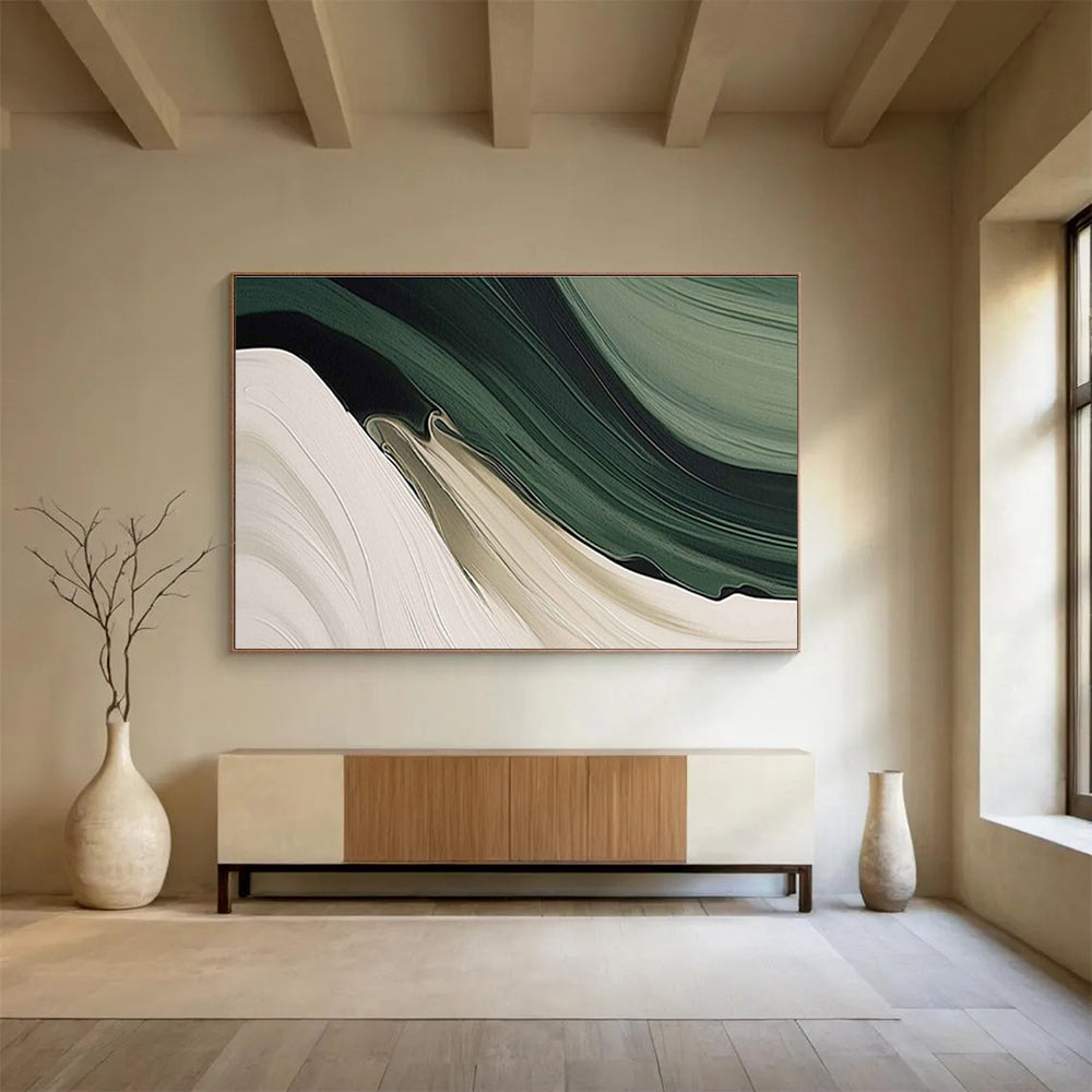 “Flowing Earth Tones” - Green, Beige, White Abstract Landscape Painting On Canvas DKH753