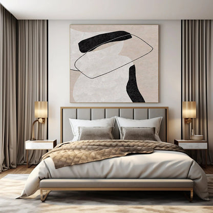 “Beige, Black, and White Interlocking Forms” – Geometric Abstract Painting（Variation） CT1122