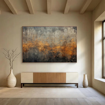 “Gray & Orange Textured Abstraction” Impasto Abstract Painting On Canvas DKH369
