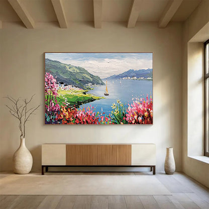 Lakeside Village with Blossoms - Impressionist Landscape Painting On Canvas DLZ209