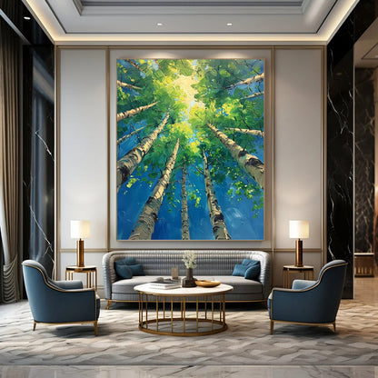 “Sunlit Canopy” - Green, Blue & Yellow Tree - Top Landscape Painting On Canvas DKH1552