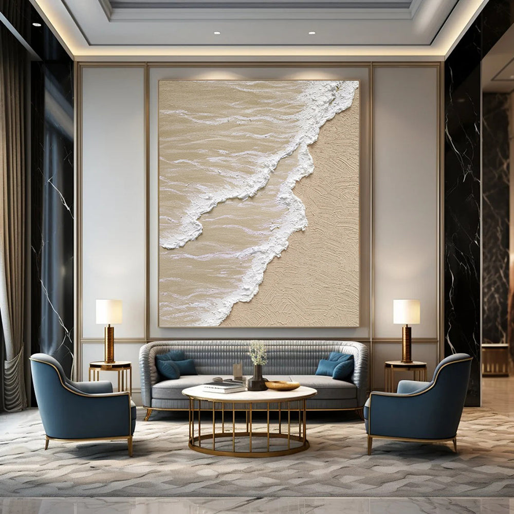 Beige and White Textured Seashore Painting On Canvas DKH1143