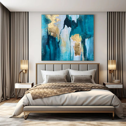 “Blue, Gold Cascading Waterfall” – Textured Abstract Art CT1007