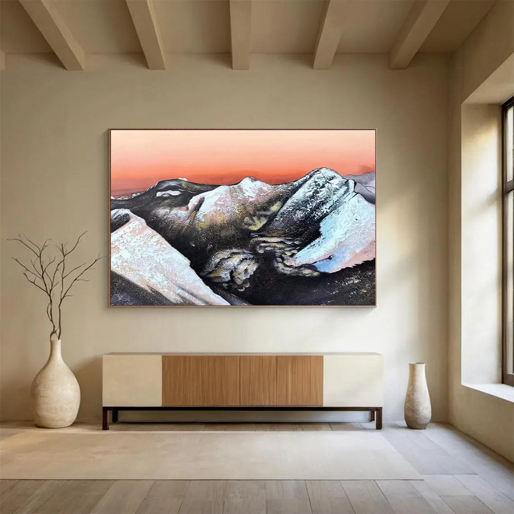 Snow - Capped Mountains Under Orange Sky Painting On Canvas DKH651
