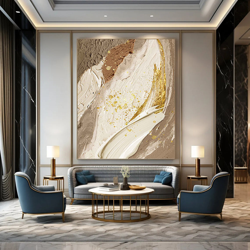 Elegant Beige, White, and Gold Abstract - Abstract Painting On Canvas DKH1477