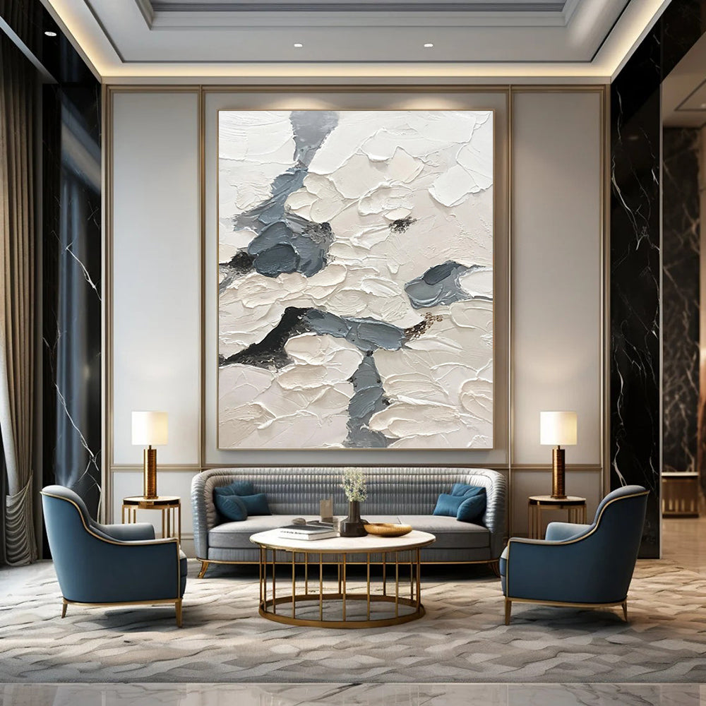 “Textured Sky Paths” - White & Gray Impasto Painting On Canvas DKH1160