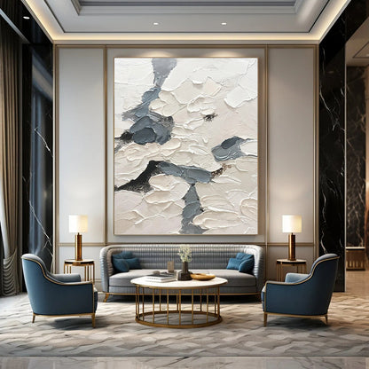 “Textured Sky Paths” - White & Gray Impasto Painting On Canvas DKH1160