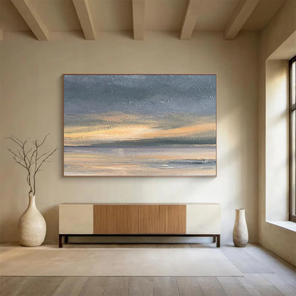 “Gray, Orange, Serene ‘Sunset Shore’” - Abstract Seascape Painting On Canvas DLZ016