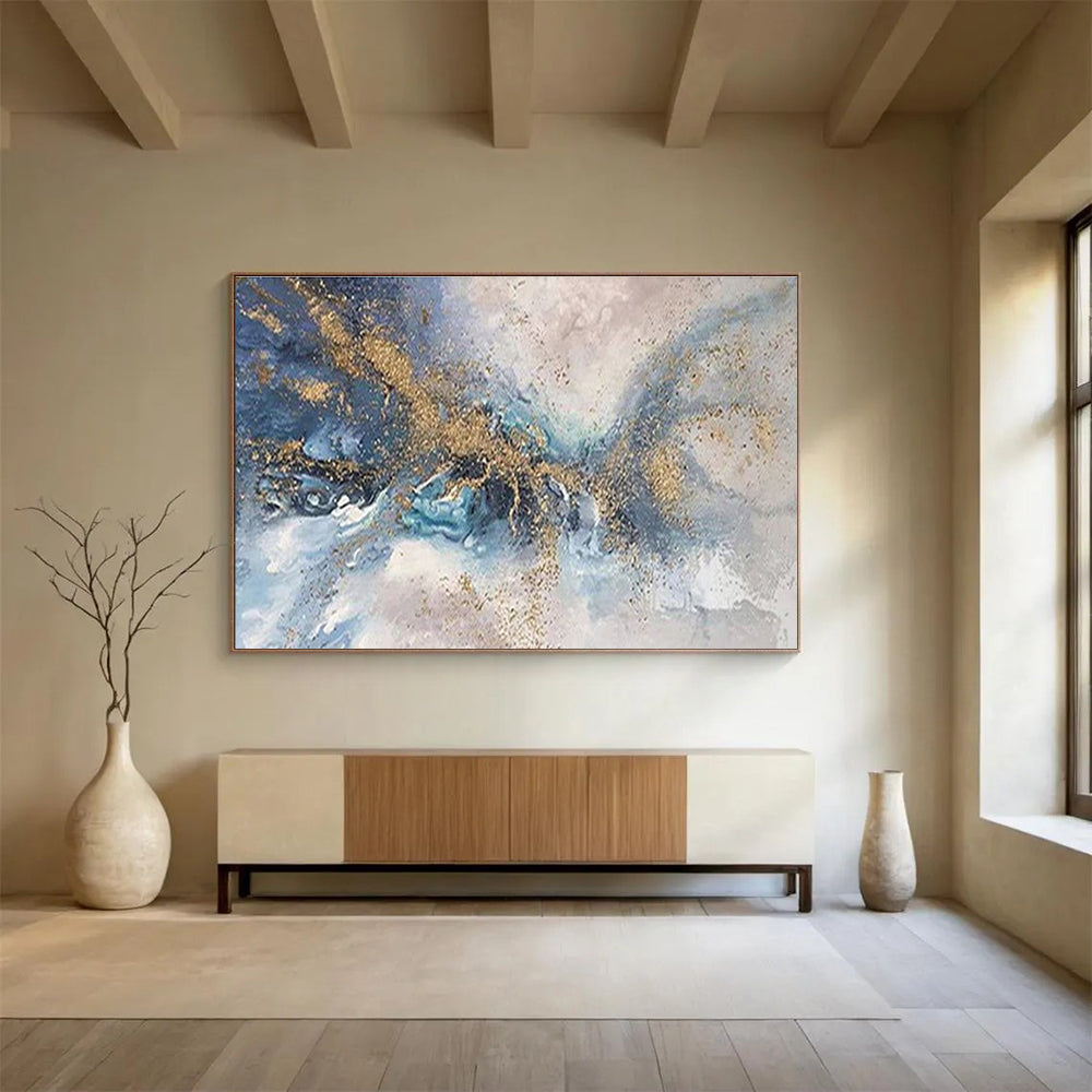 Blue & Gold Abstract Flow - Gray, Blue & Gold Fluid Art Painting On Canvas DKH893