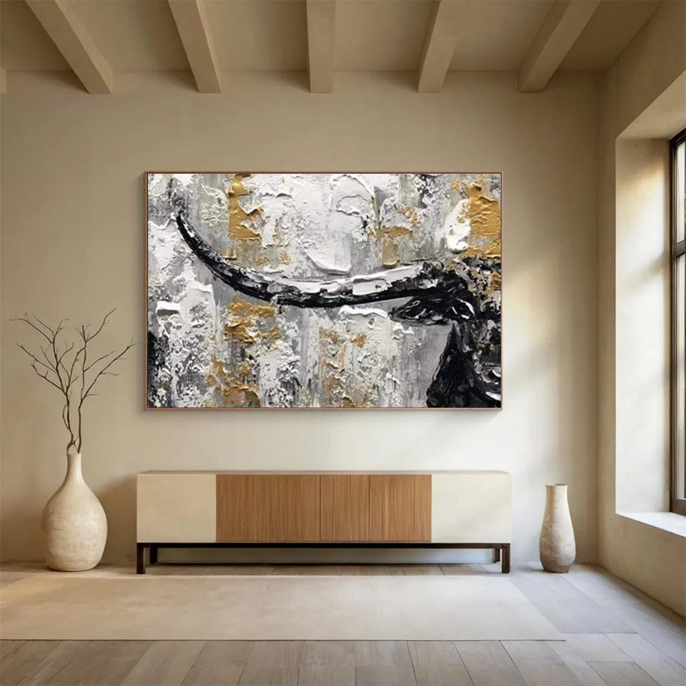 “Black, White & Gold Textured Bull” Abstract Animal Painting On Canvas DKH336