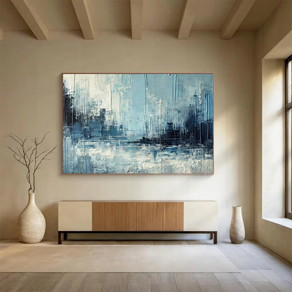 “Blue & Gray Textured Cityscape” Impasto Abstract Painting On Canvas DKH367