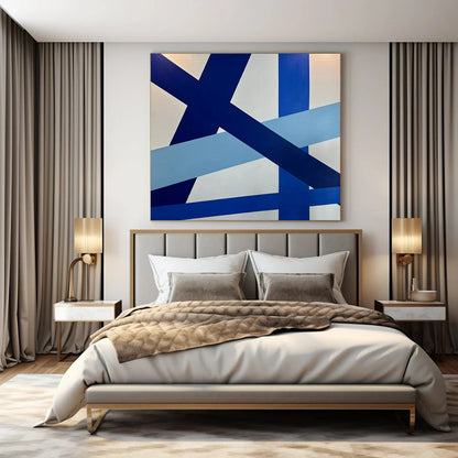 “Blue - White Intersecting Ribbons” – Abstract Geometric Ribbon Art CT0995