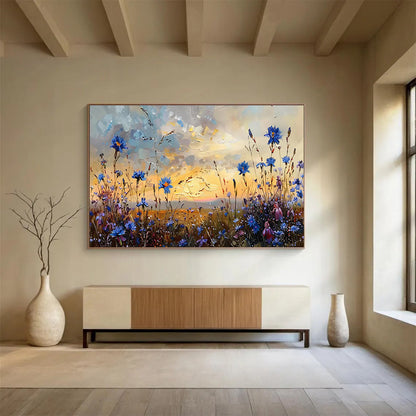 “Dusk Meadow Blues” - Blue, Purple, Orange Floral & Sky Impressionistic Painting On Canvas DKH698