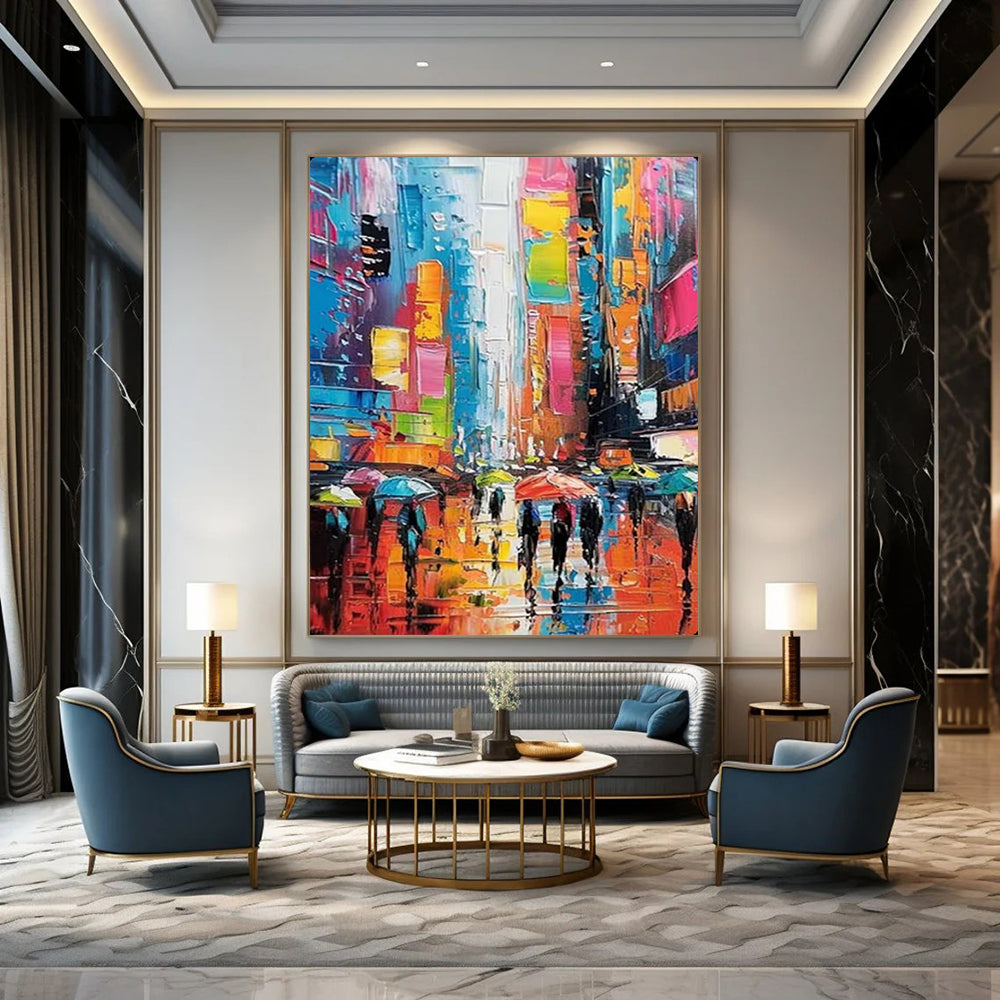 “Colorful Urban Rainy Street” – Impressionistic Cityscape Oil Painting On Canvas CT2141