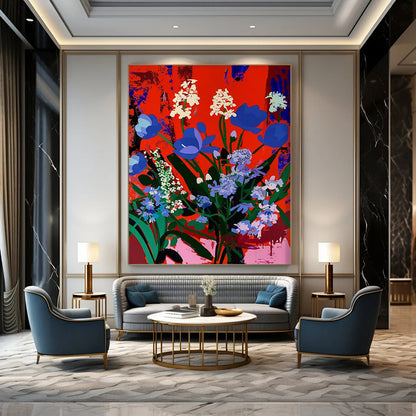 “Blue - White Flowers on Red” - Pop Art - Inspired Floral Painting On Canvas DTP101