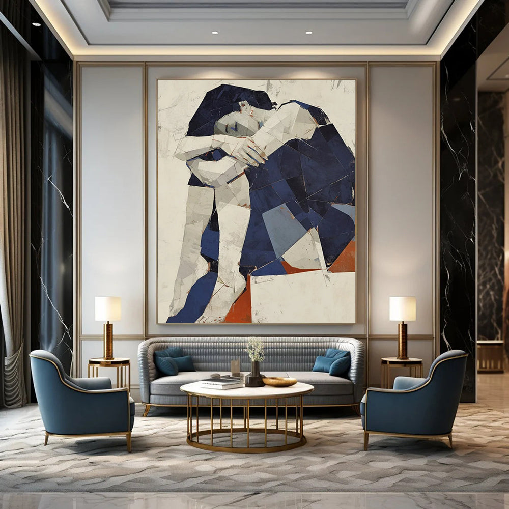 “Geometric Figure” - Blue & White Abstract Figure Painting On Canvas CT2214