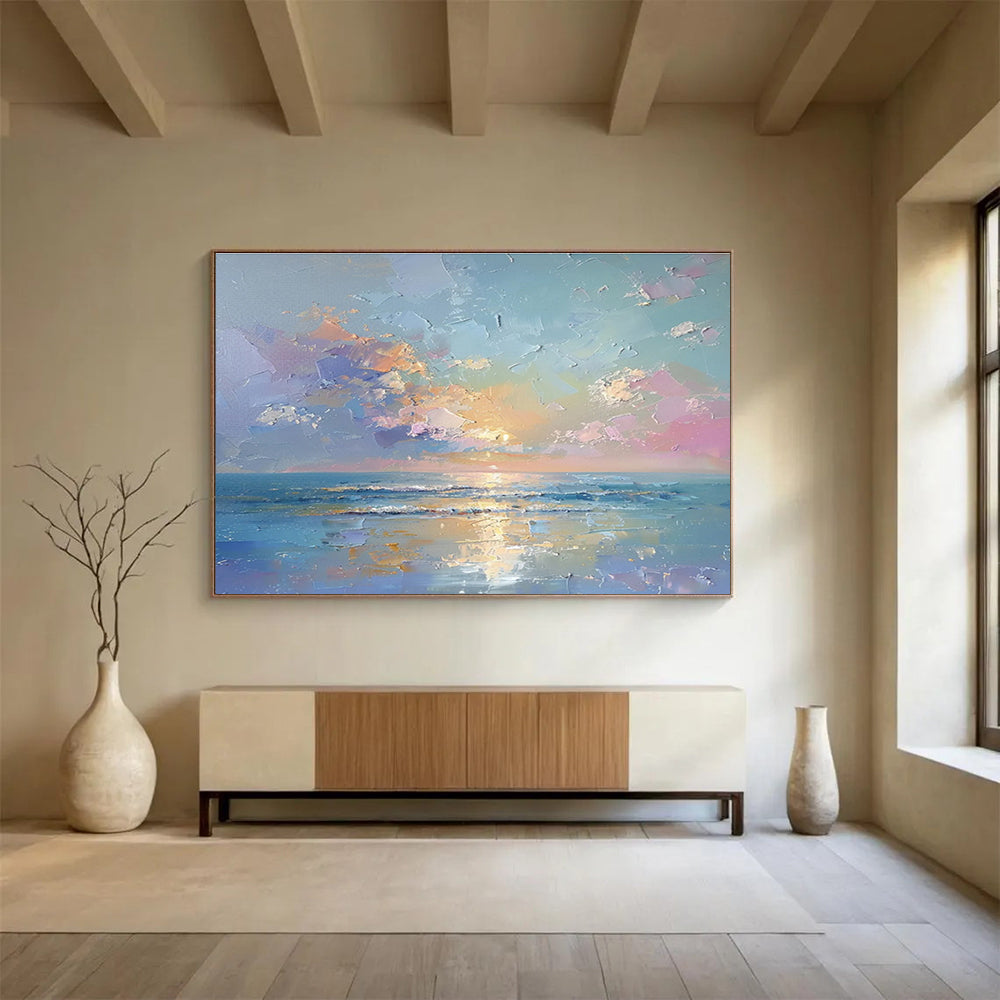 “Vibrant Seascape: Colorful Sunset Over Ocean” Impasto Oil Painting On Canvas DKH363
