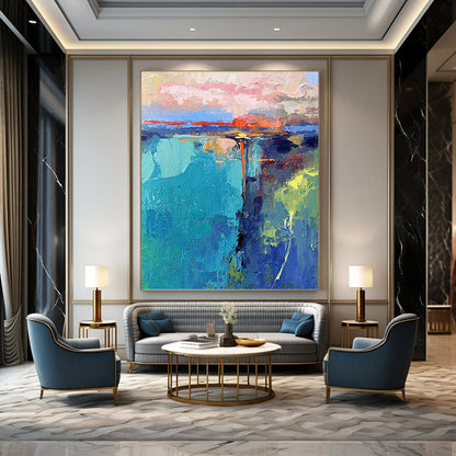 “Colorful Abstract Sunset” - Blue, Pink, Orange & Green Landscape - Inspired Painting On Canvas DKH1030