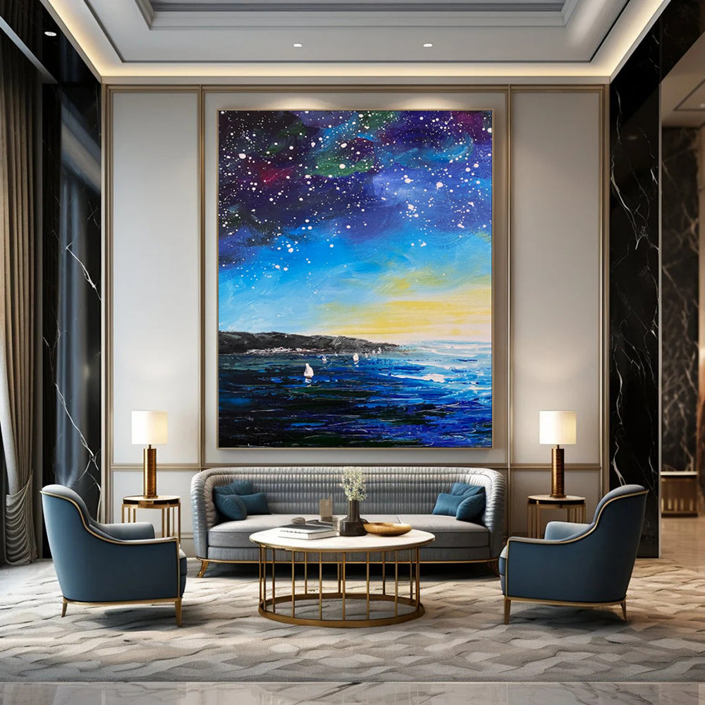 “Starry Night by the Sea: Impressionist Celestial Landscape” - Impasto Oil on Canvas CT1901