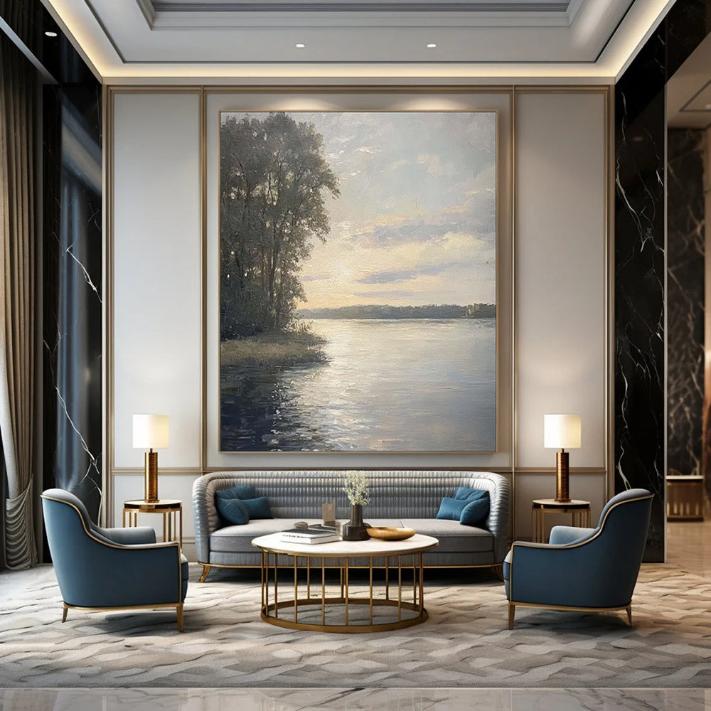 “Sunset Serenity: Lakeside Pines” - Realist Landscape Oil on Canvas CT1875