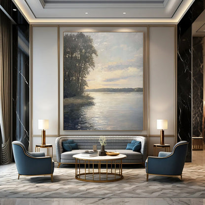 “Sunset Serenity: Lakeside Pines” - Realist Landscape Oil on Canvas CT1875