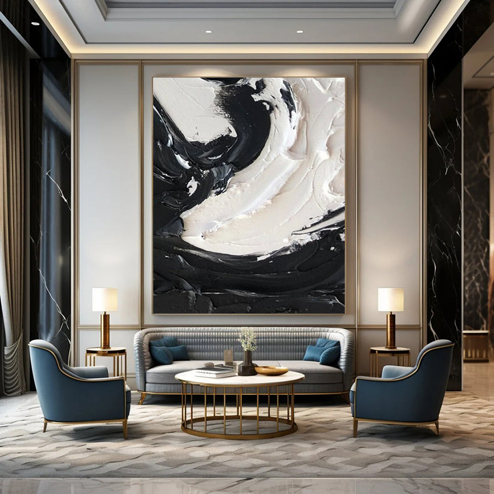 “Black, White Swirl ‘Powerful Balance’” - Impasto Abstract Painting On Canvas DTP385