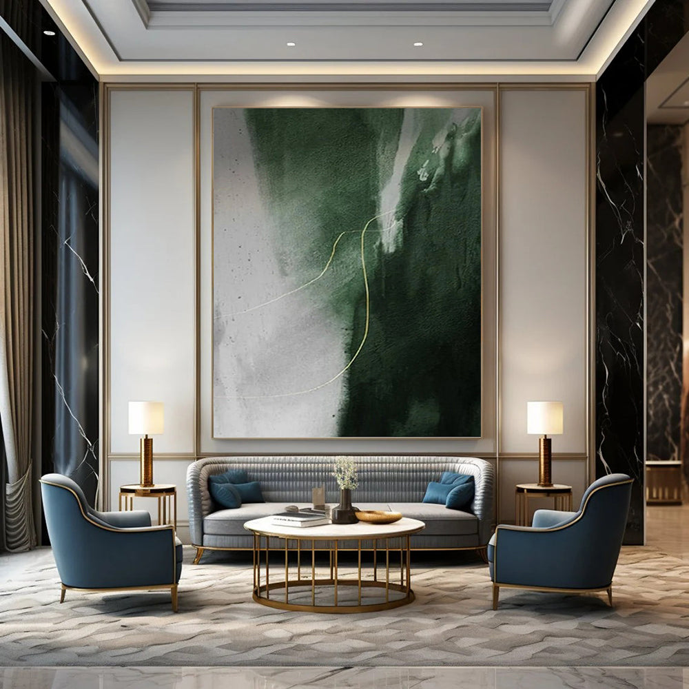 “Green & Gray With Yellow Line” - Green, Gray & Yellow Abstract Painting On Canvas DKH1209