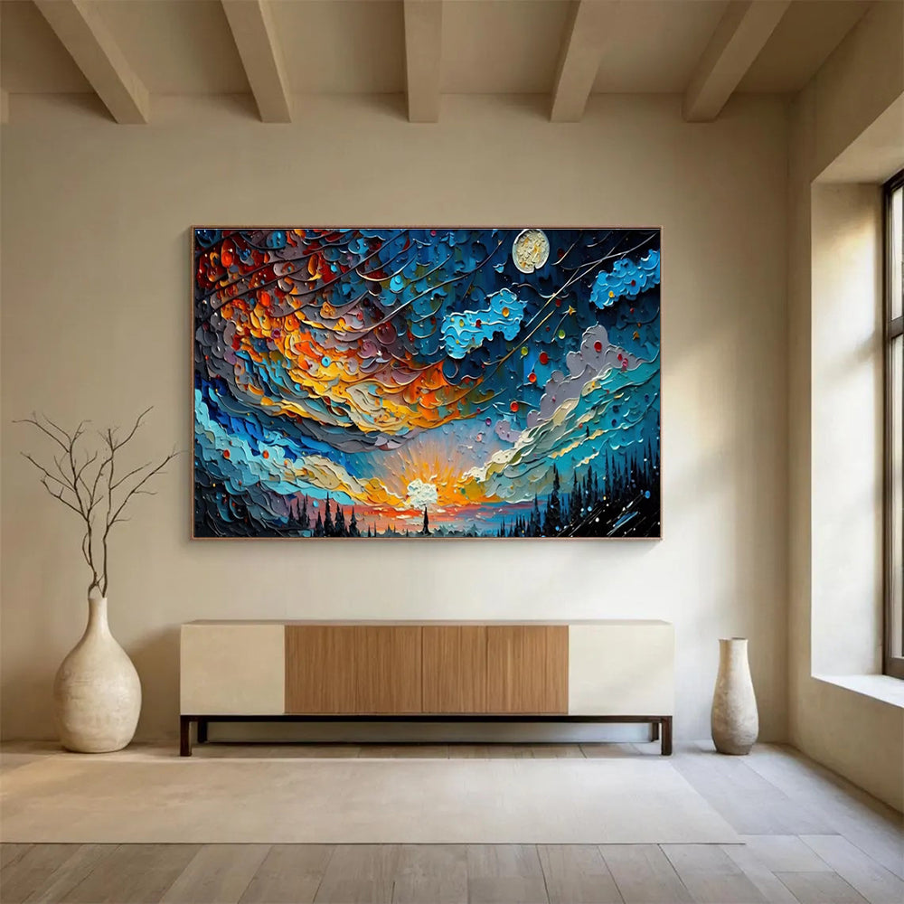 Starry Night Fantasy - Blue & Orange Textured Sky Painting On Canvas DKH878