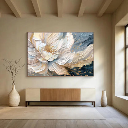“Gilded Bloom” - White, Gold, Blue Textured Floral Impasto Painting On Canvas DKH703