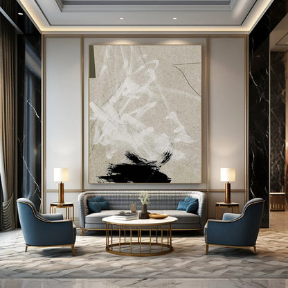 “Neutral Abstract Marks” - Beige, White, Black Abstract Painting On Canvas DTP237