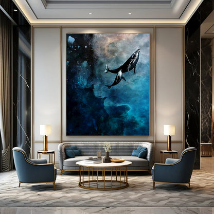 “Cosmic Whale Odyssey” - Blue, Black & White Surrealist - Inspired Painting On Canvas DKH0933