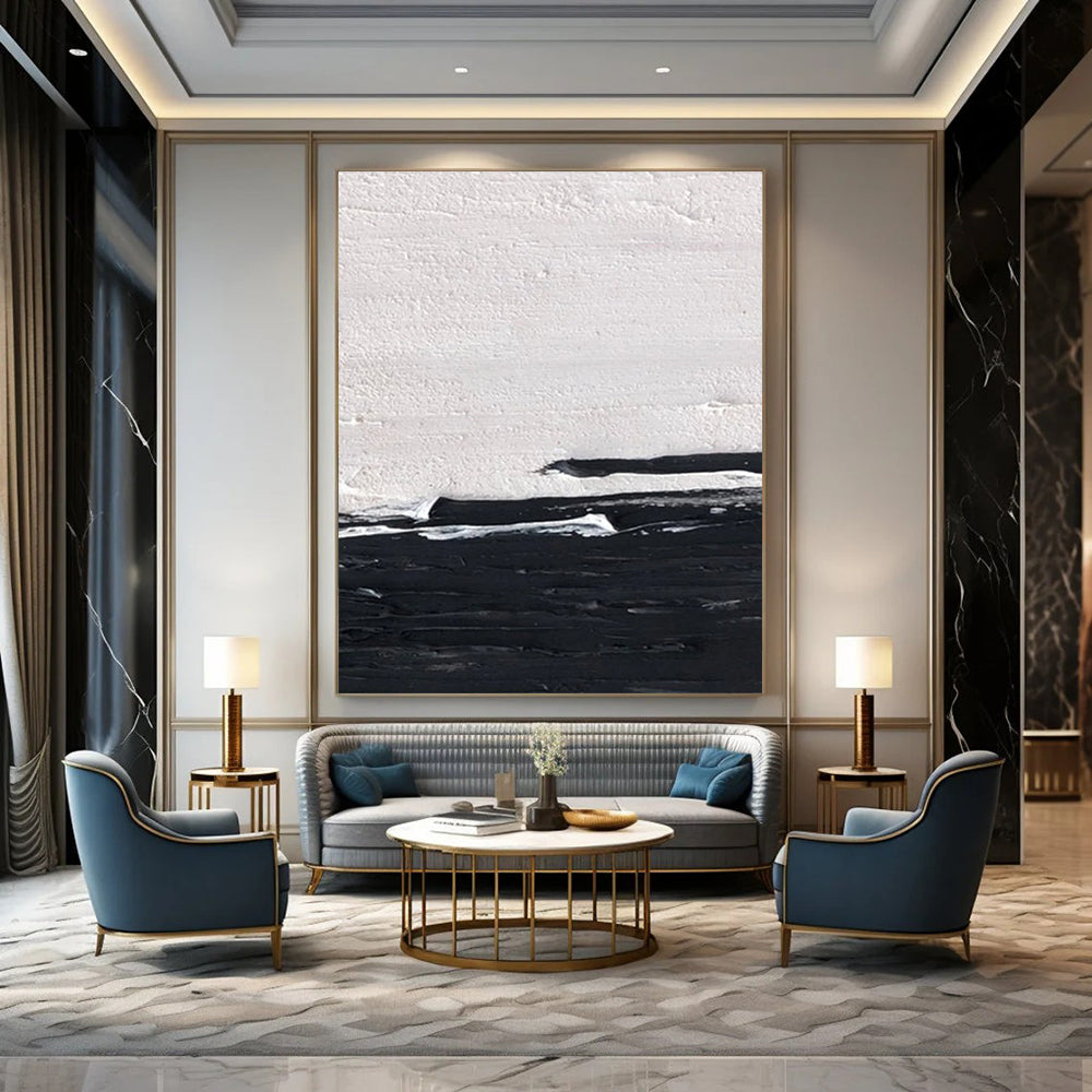 “Black, White Minimalist ‘Silent Horizon’” - Impasto Abstract Painting On Canvas DTP402