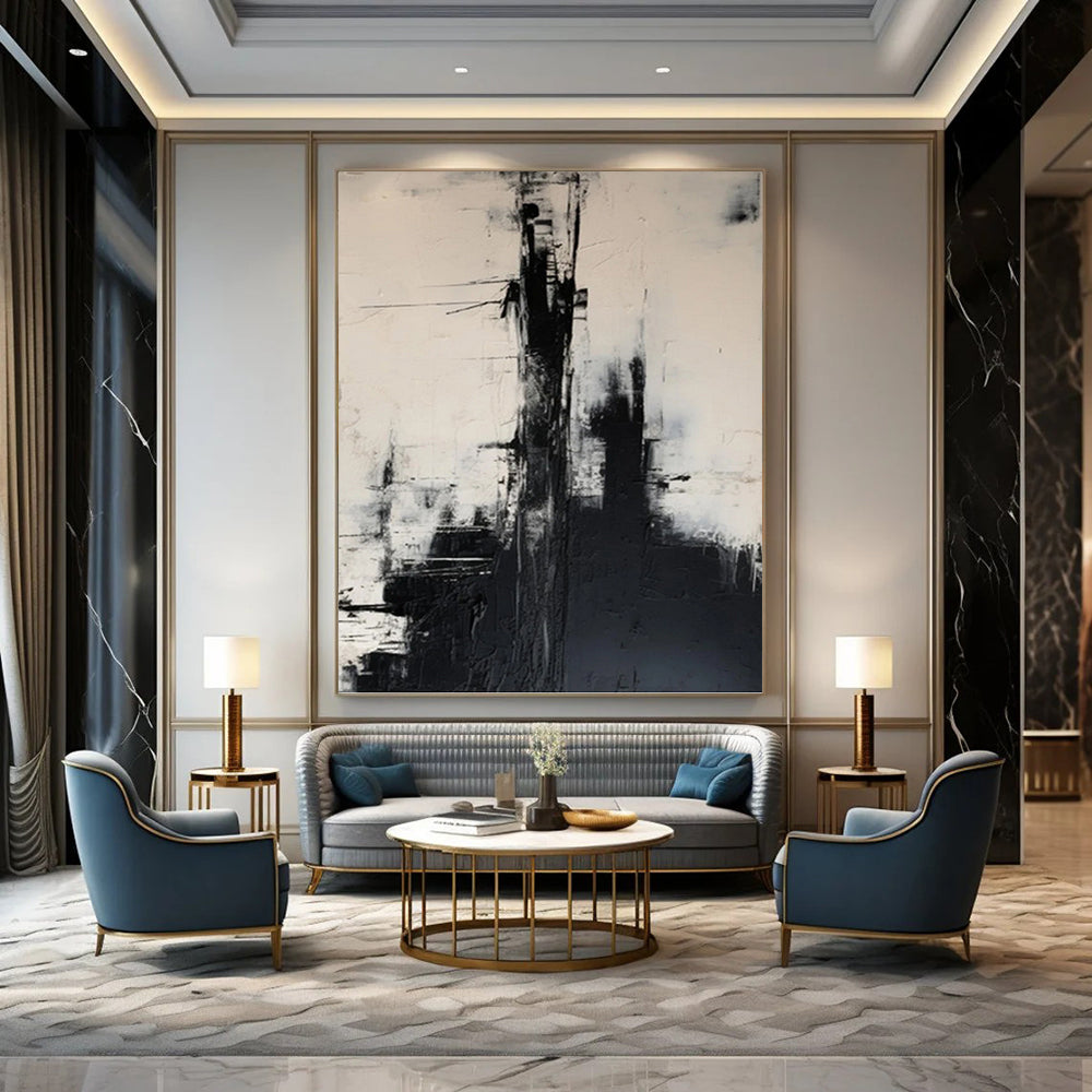 Black & White Urban Abstraction - Abstract Cityscape Painting On Canvas DKH1261