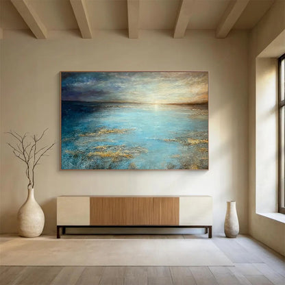“Golden - Hued Blue Sea and Sky” - Impressionistic Seascape Painting On Canvas DKH771