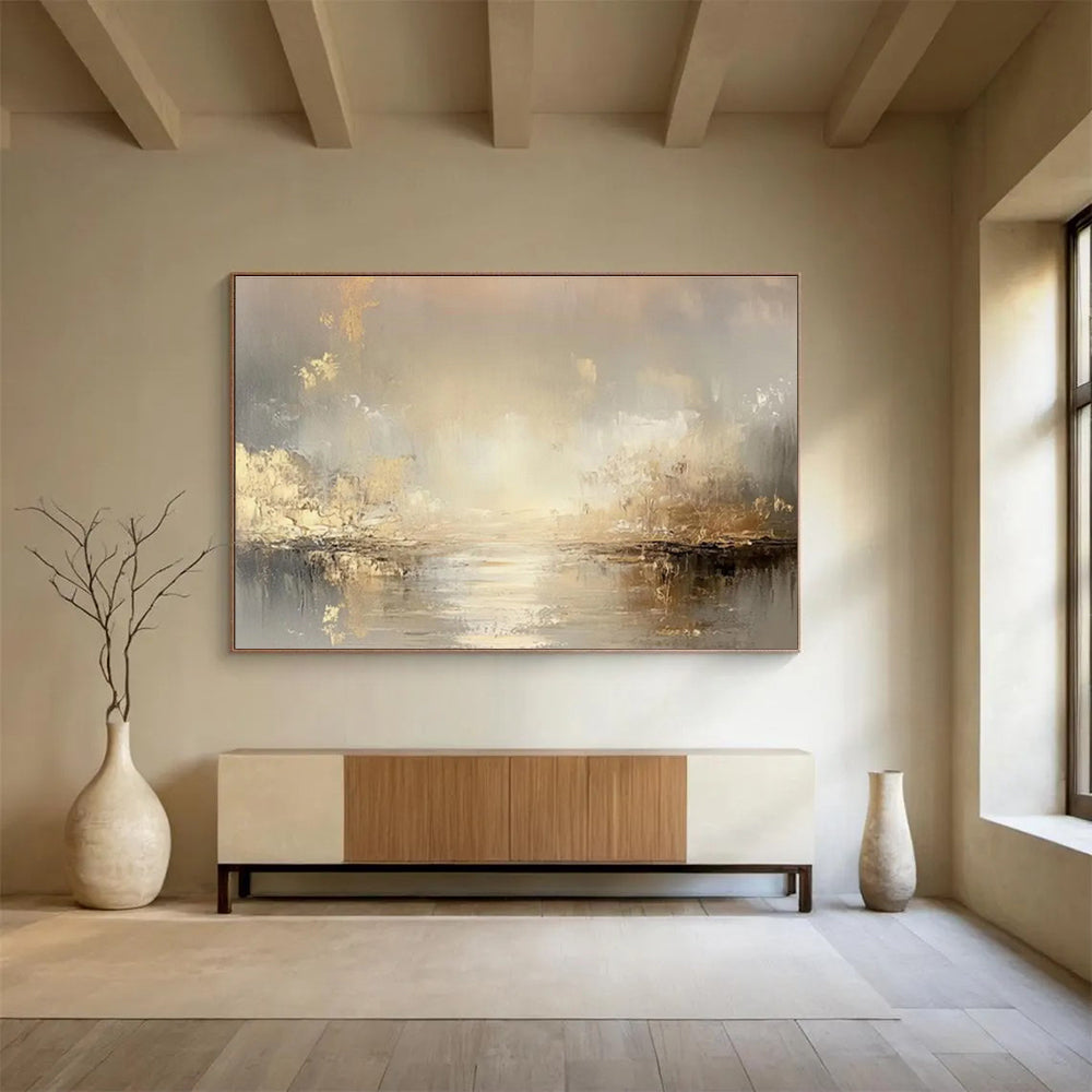Gold Accent River Landscape Painting On Canvas DKH323