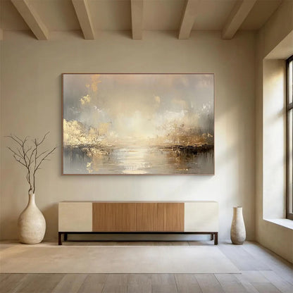 Gold Accent River Landscape Painting On Canvas DKH323