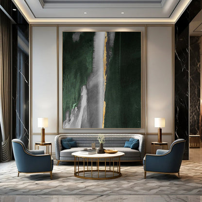 “Green, Gray & Gold Abstract Drips” - Green, Gray, Gold & Black Abstract Painting On Canvas DKH1203