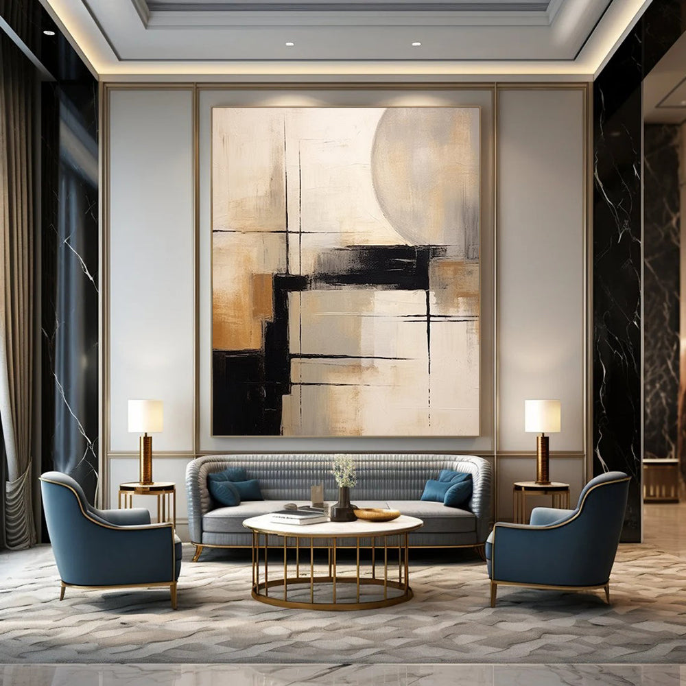 “Black, White, Beige Geometric Abstraction ‘Structured Serenity’” - Textured Abstract Painting On Canvas DTP356