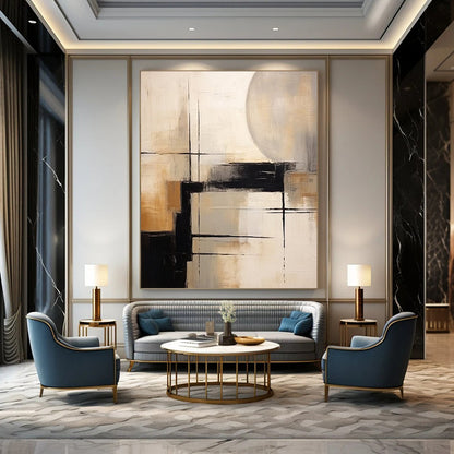 “Black, White, Beige Geometric Abstraction ‘Structured Serenity’” - Textured Abstract Painting On Canvas DTP356