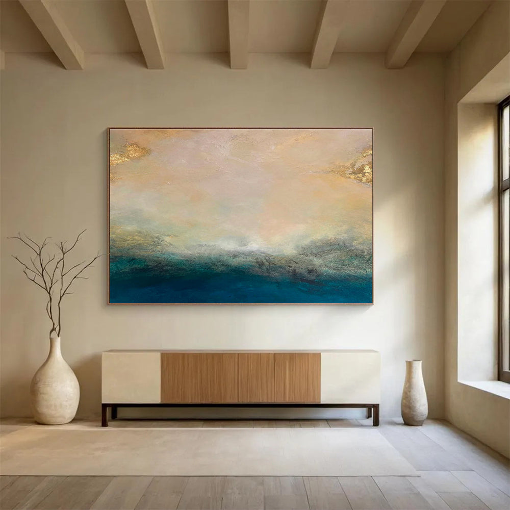 “Gold - Tipped Abstract Horizon” - Soft Multicolor Abstract Landscape Painting On Canvas DKH770