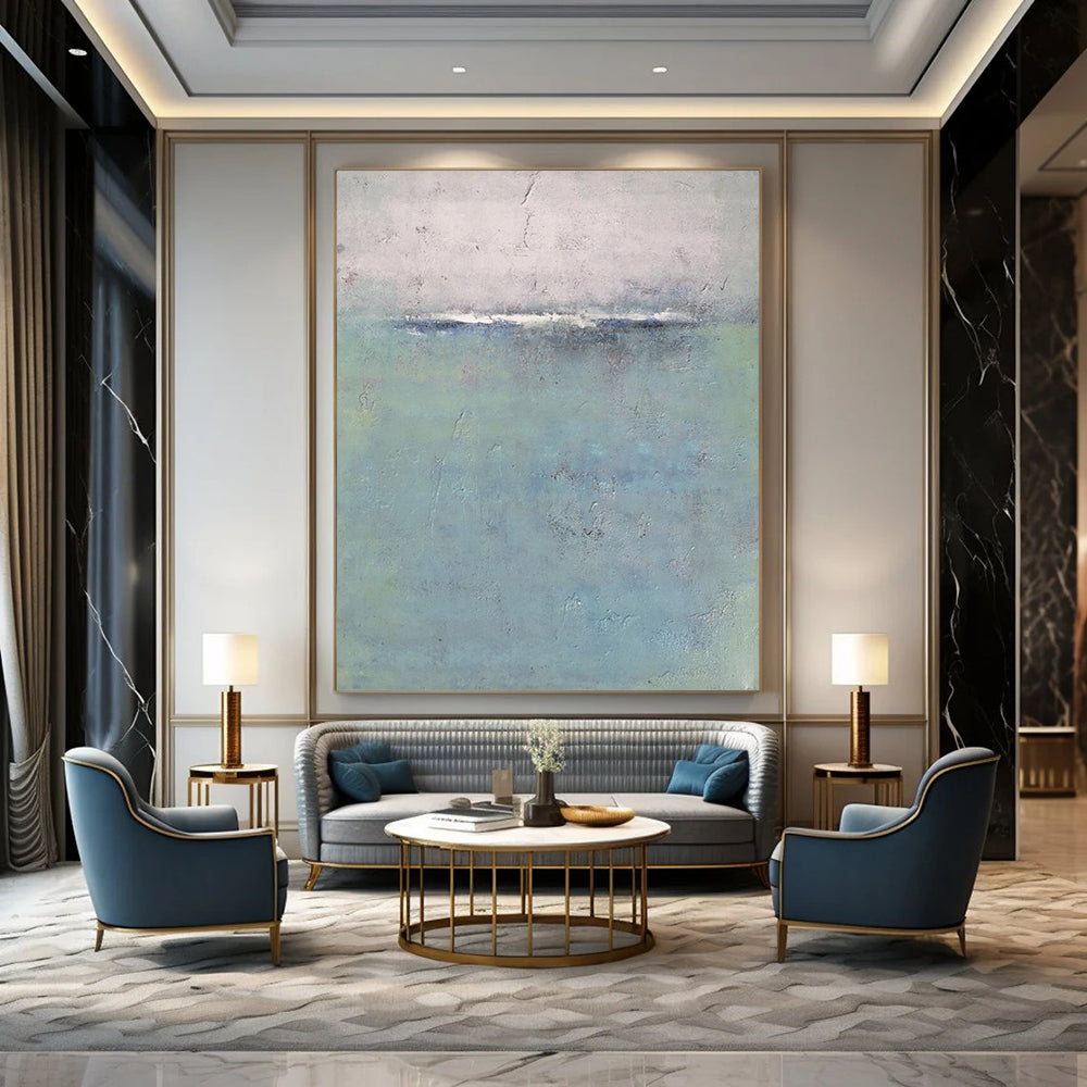 “Blue, Gray, Green Subtle Horizon ‘Quiet Calm’” - Impasto Abstract Landscape Painting On Canvas DTP354