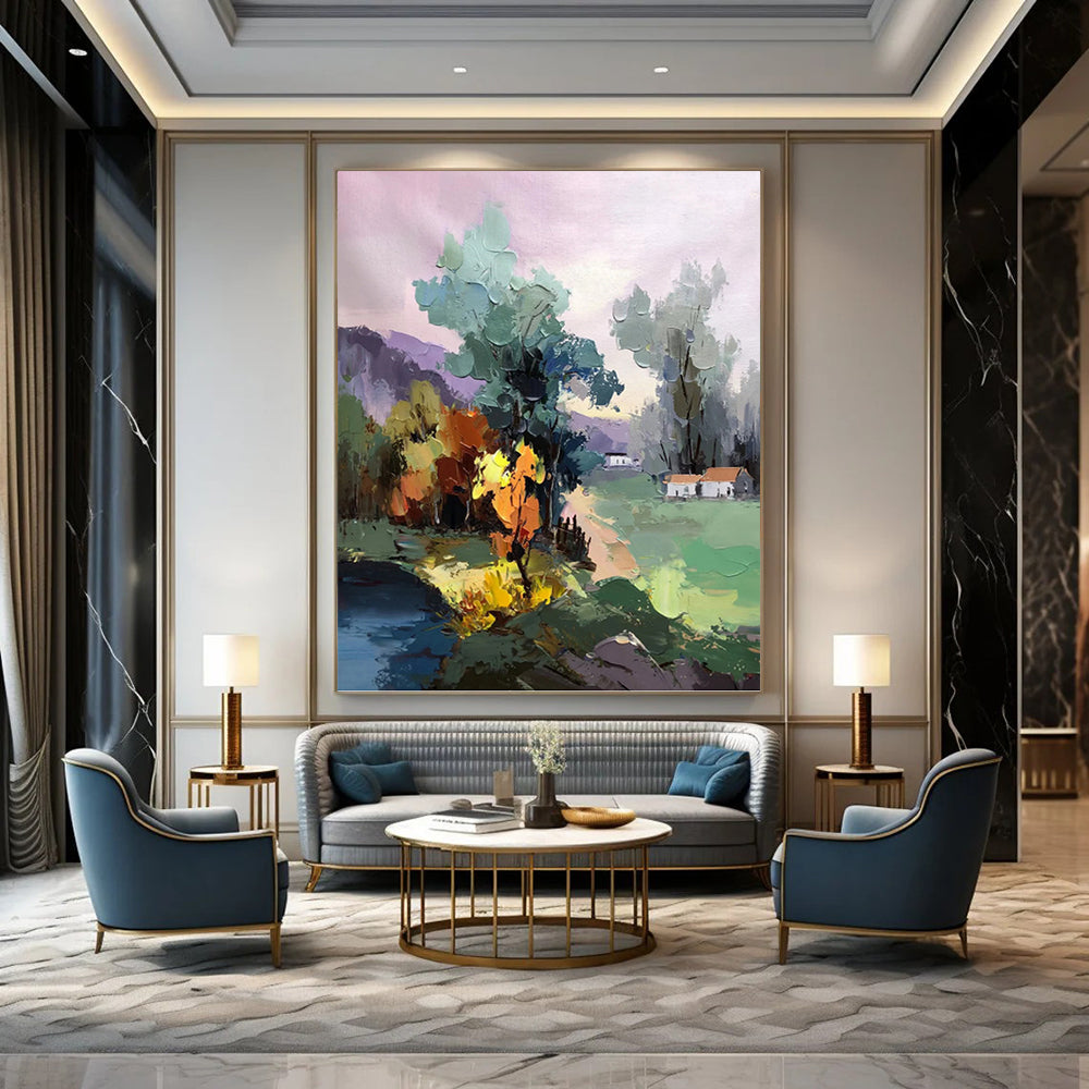 Colorful Village in Pastel Hues - Impressionistic Landscape Painting On Canvas DKH1289