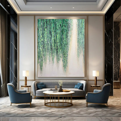 “Willow Whispers” - Green & White Hanging Foliage Painting On Canvas DKH1506